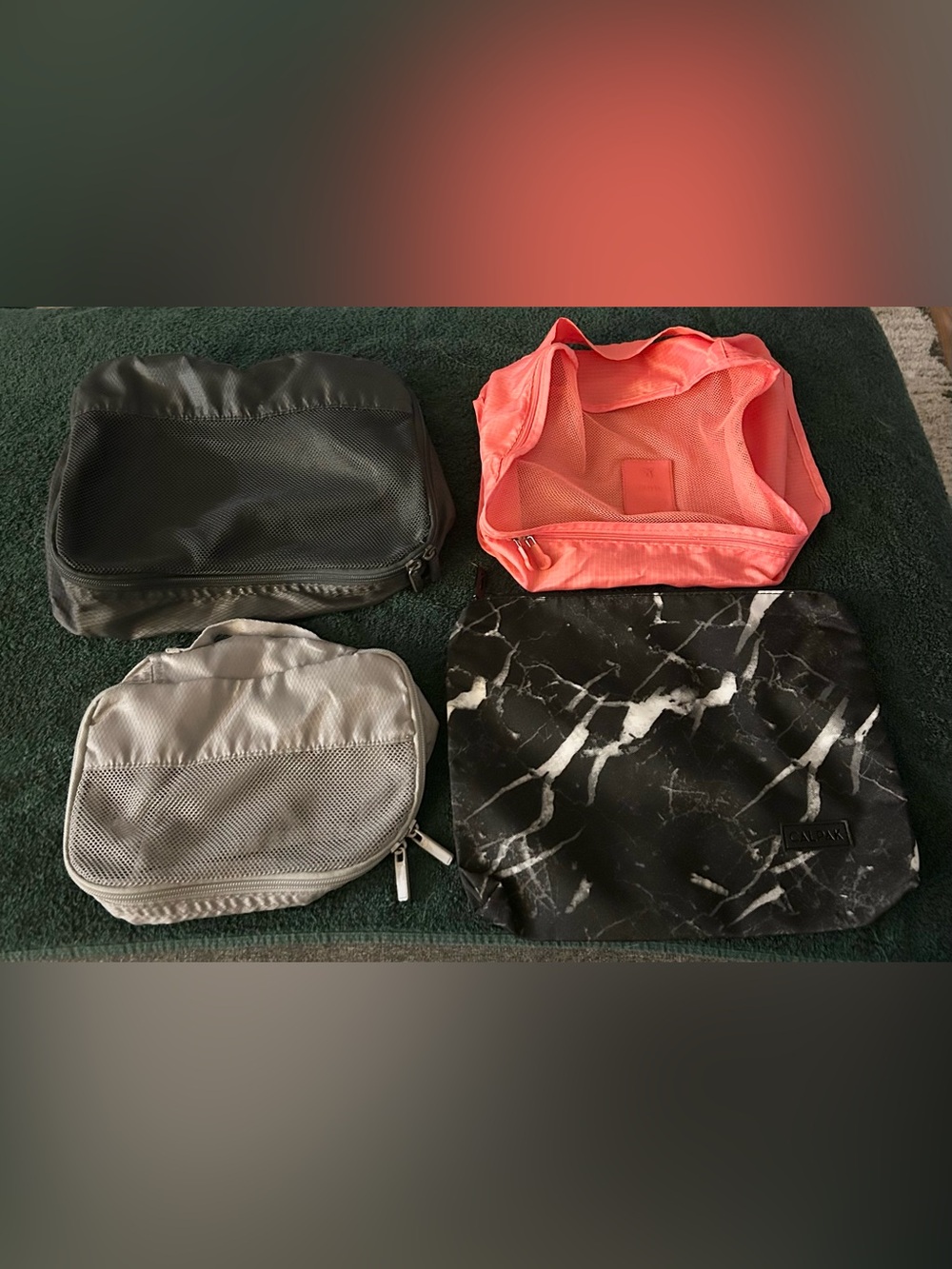 Set of 4 Travel Packing Cubes - Black Marble, Coral, Gray, Charcoal